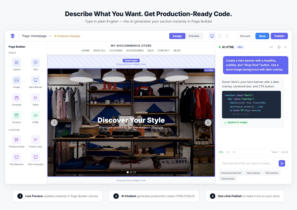 AI chatbot sidebar with a text prompt and live preview of generated section