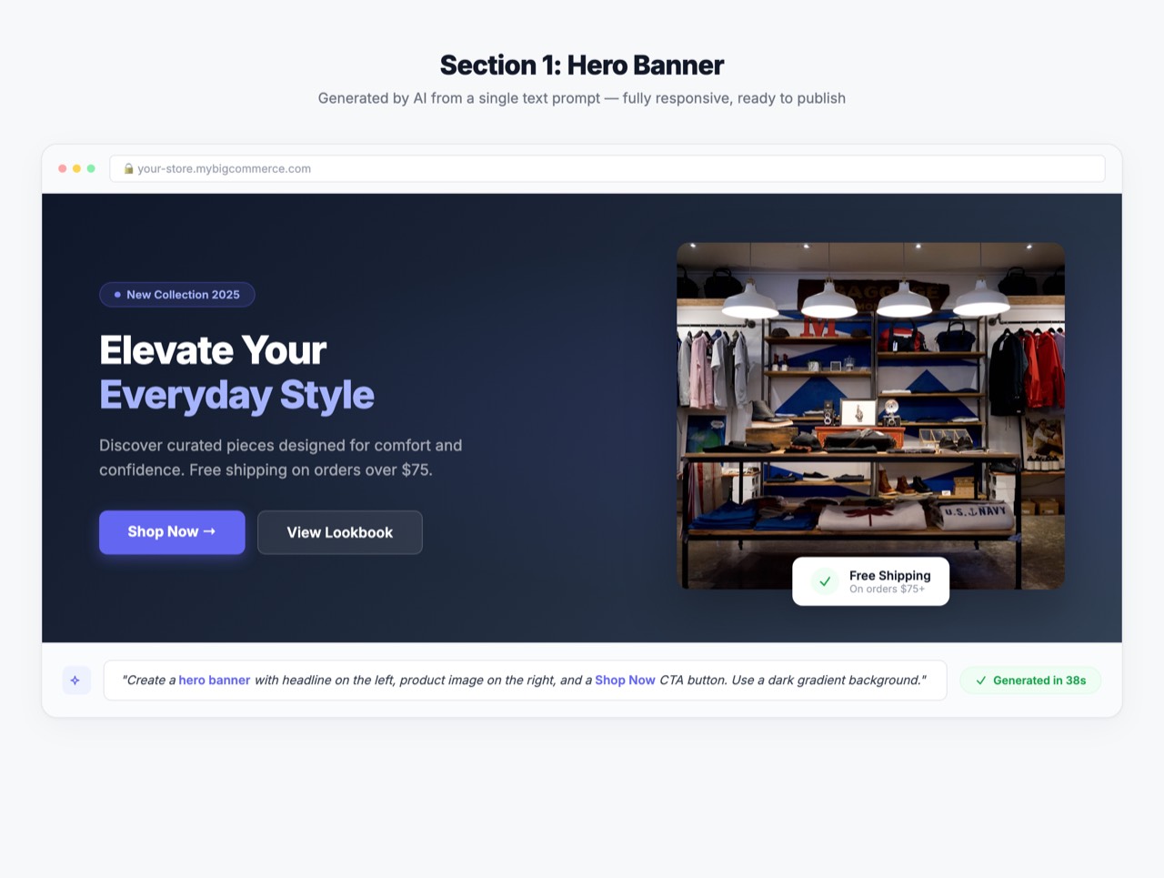Hero banner example generated by AI HTML Widget — headline left, product image right, Shop Now CTA button