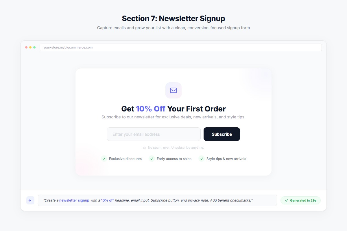Newsletter signup section with 10% off headline, email input, and Subscribe button