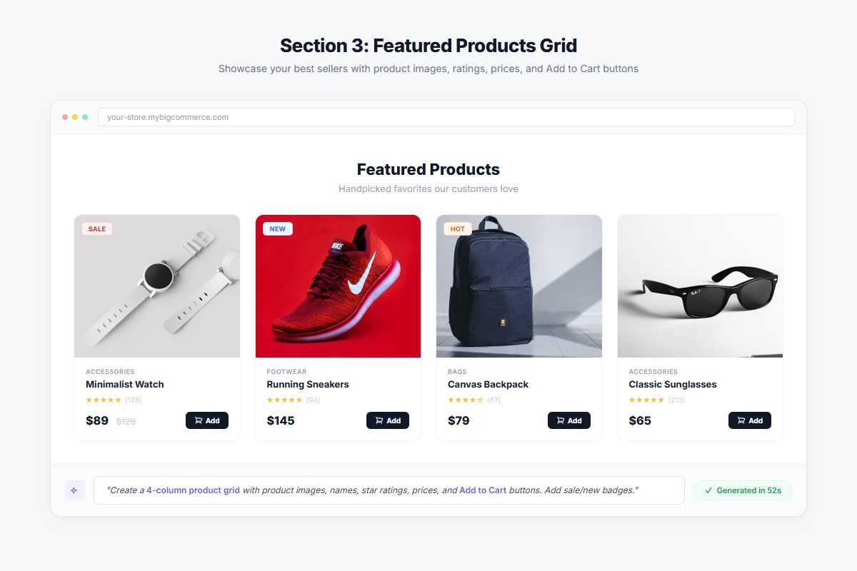 4-column featured products grid showing product images, names, prices, and Add to Cart buttons
