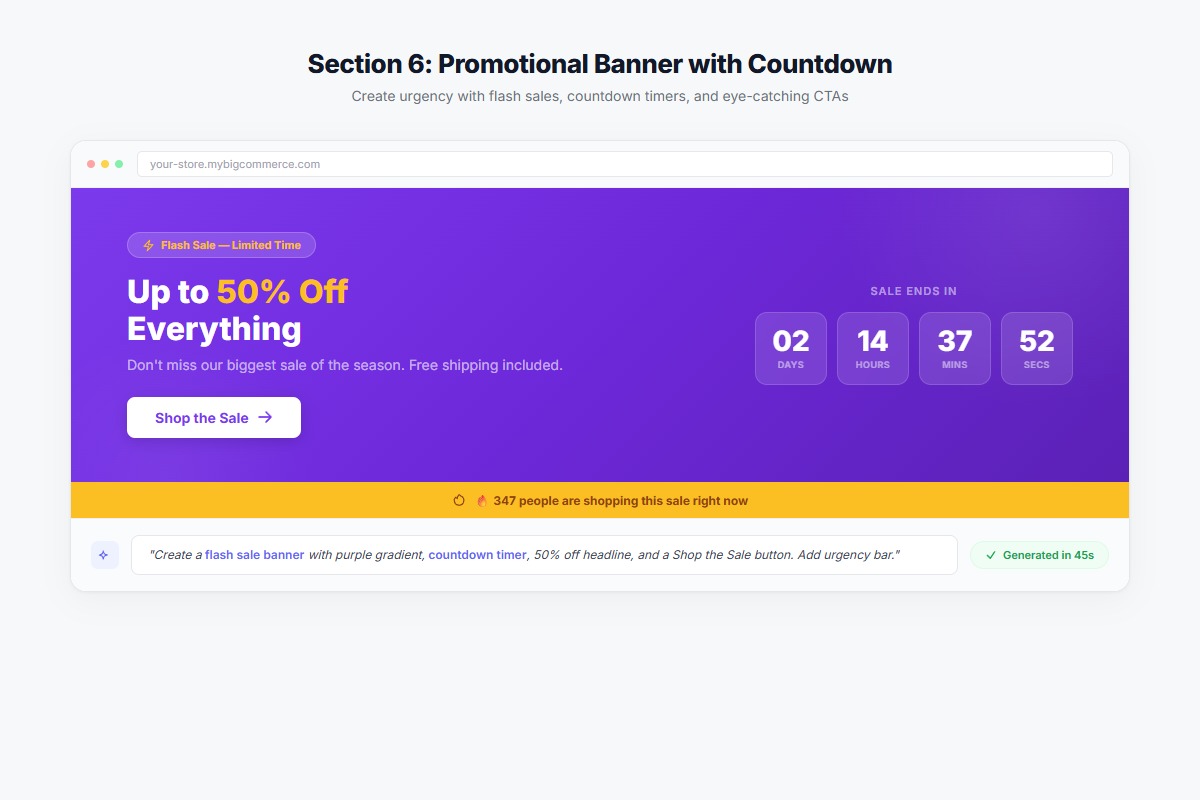 Flash sale promotional banner with countdown timer and Shop Sale CTA button