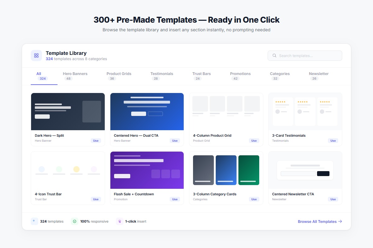 Template library showing 300+ pre-made sections organized by category