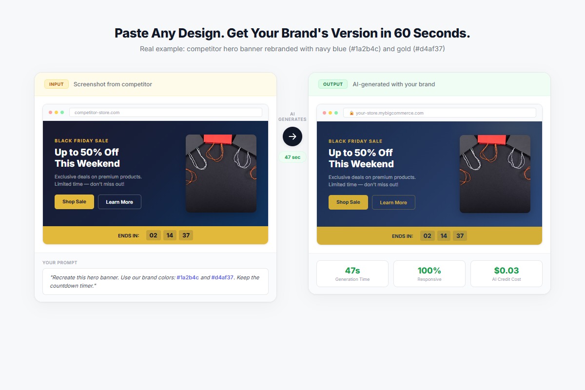 Before and after: competitor hero banner screenshot vs AI-generated version with custom brand colors