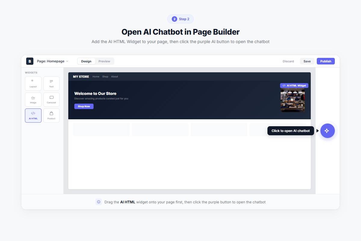 Page Builder with AI HTML Widget added and the purple AI button highlighted