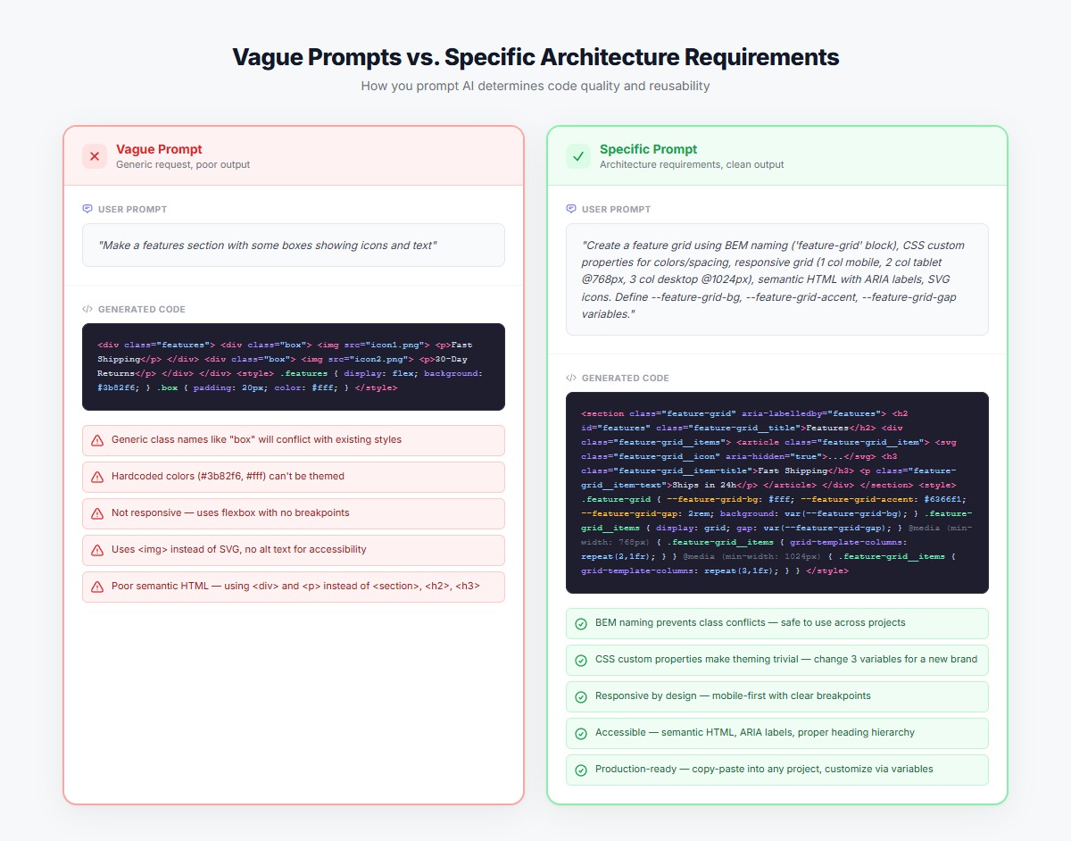 Comparison showing vague prompt resulting in poor code vs. detailed prompt with clean, reusable output