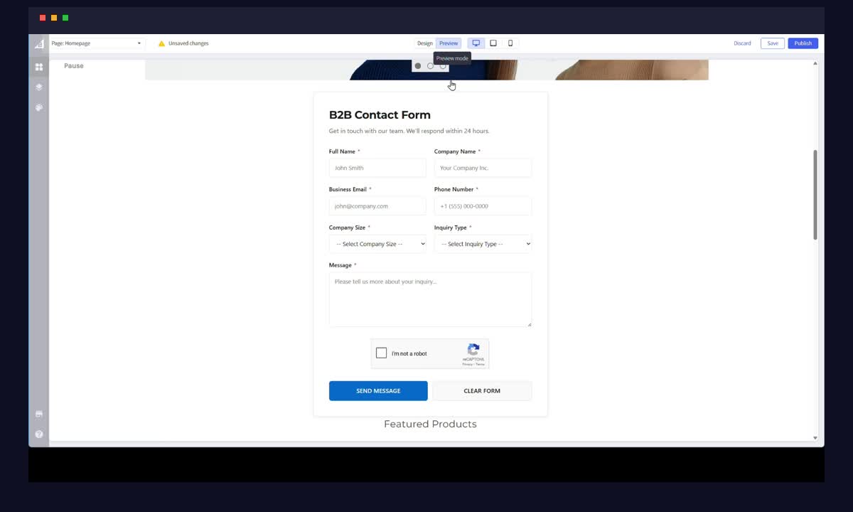 Step 3: AI generates a complete B2B contact form with validation and styling