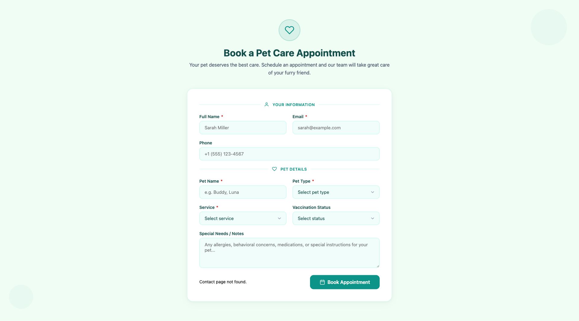 Pet Care Appointment Form Template