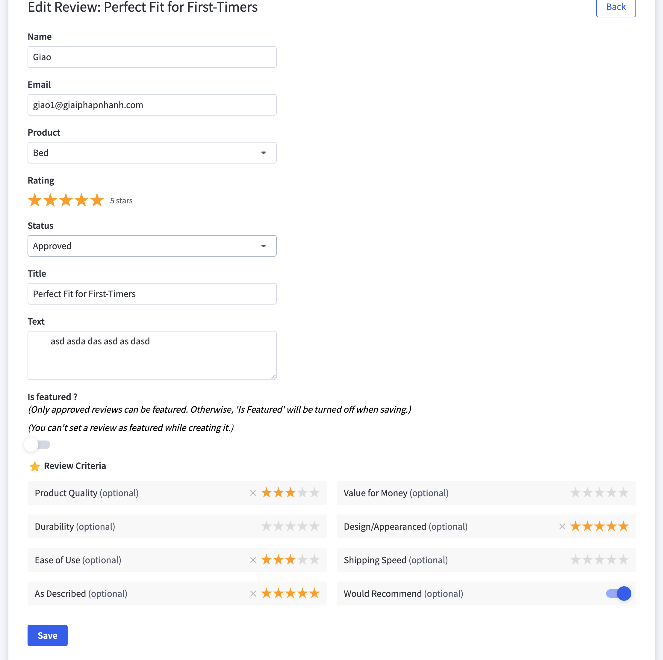 Edit individual review with criteria ratings from admin panel