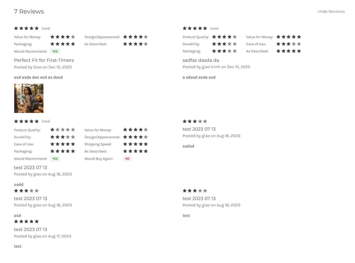 Reviews displayed on product page with detailed criteria ratings and photo