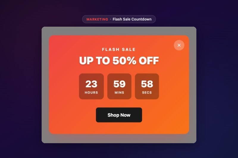 Flash Sale Countdown Popup - bold modal with live countdown timer showing days, hours, minutes, seconds