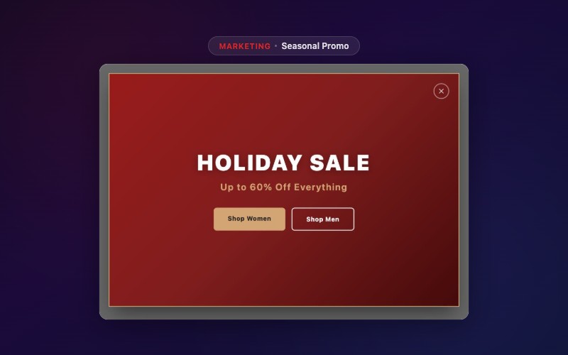 Seasonal Promo Popup - fullscreen takeover with bold seasonal messaging