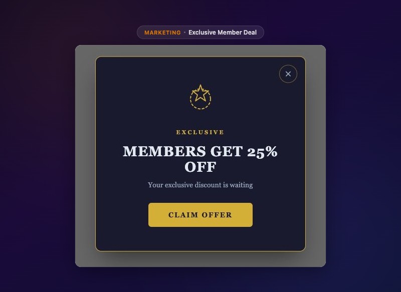 Exclusive Member Deal Popup - premium modal with sophisticated design