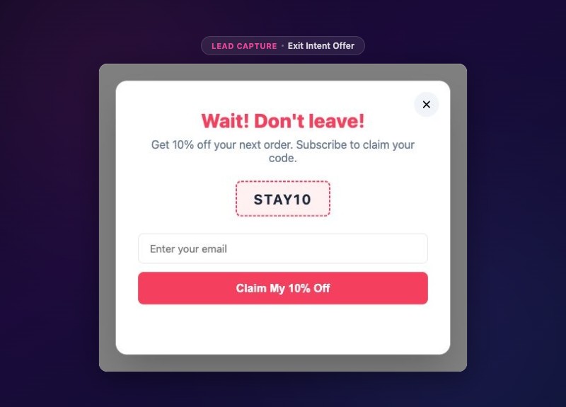 Exit Intent Offer Popup - attention-grabbing modal triggered when visitor leaves