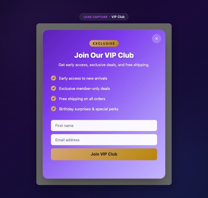VIP Club Popup - premium modal with benefit-focused layout