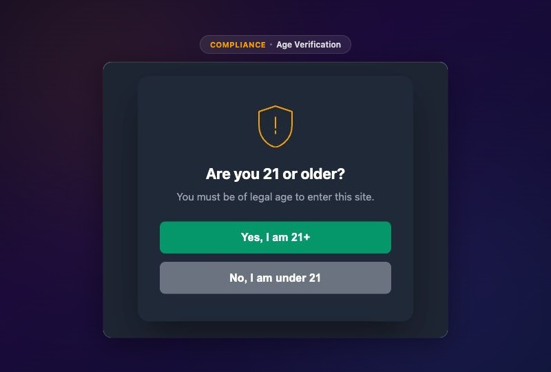 Age Verification Popup - fullscreen gate blocking all content until age confirmation