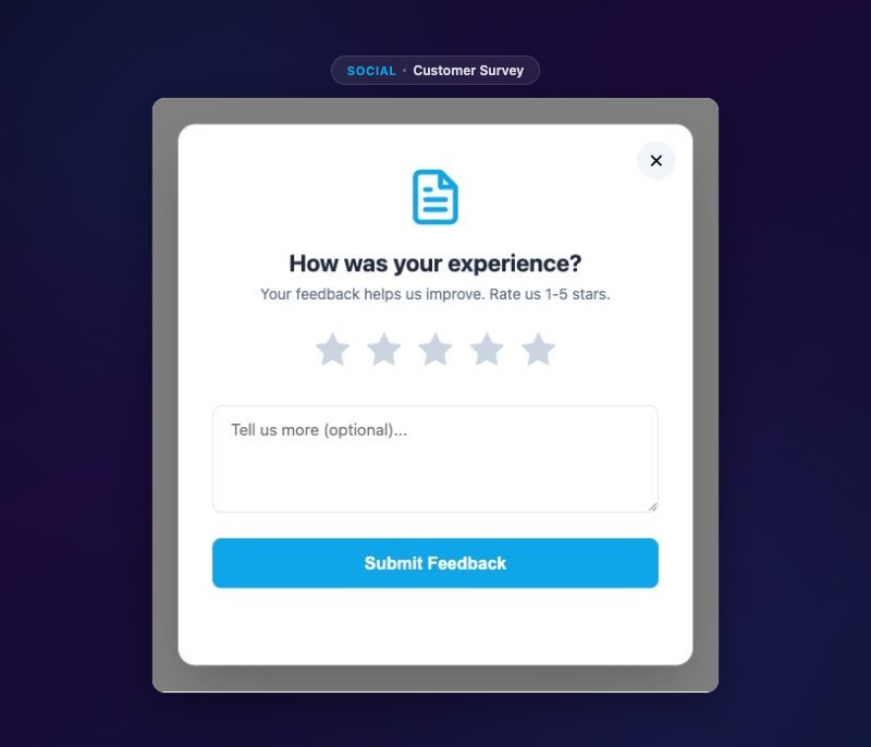 Customer Survey Popup - structured rating and comment form