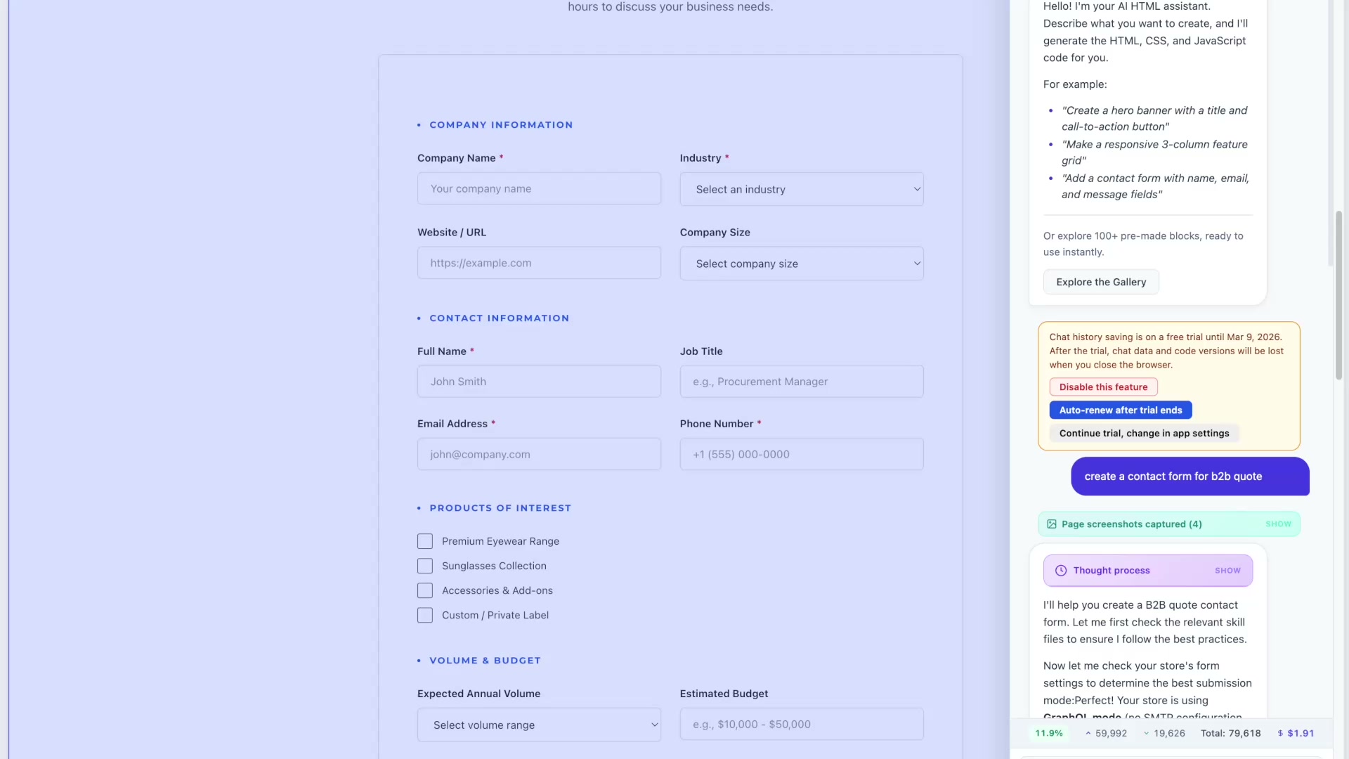 Watch the AI create a complete B2B quote form in real time