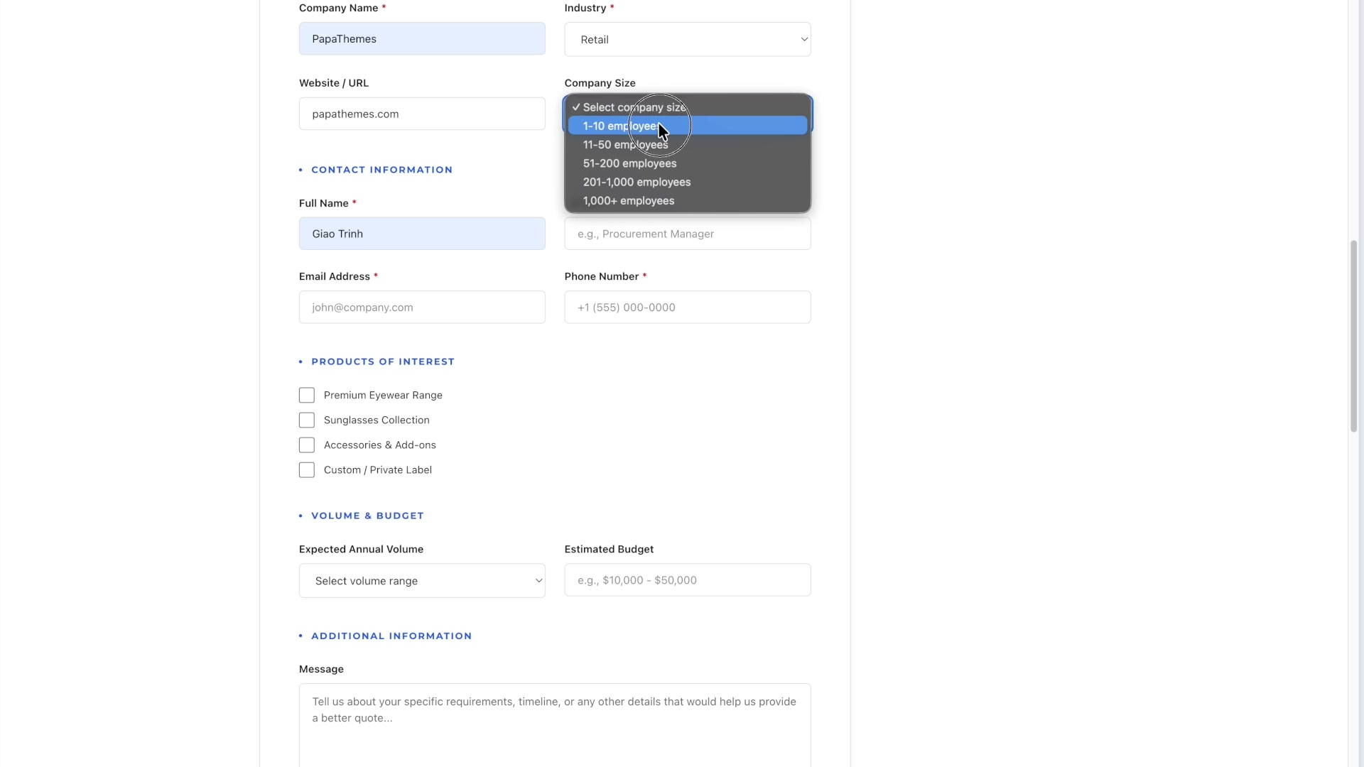 AI completes a B2B quote form with validation, logic, and responsive design