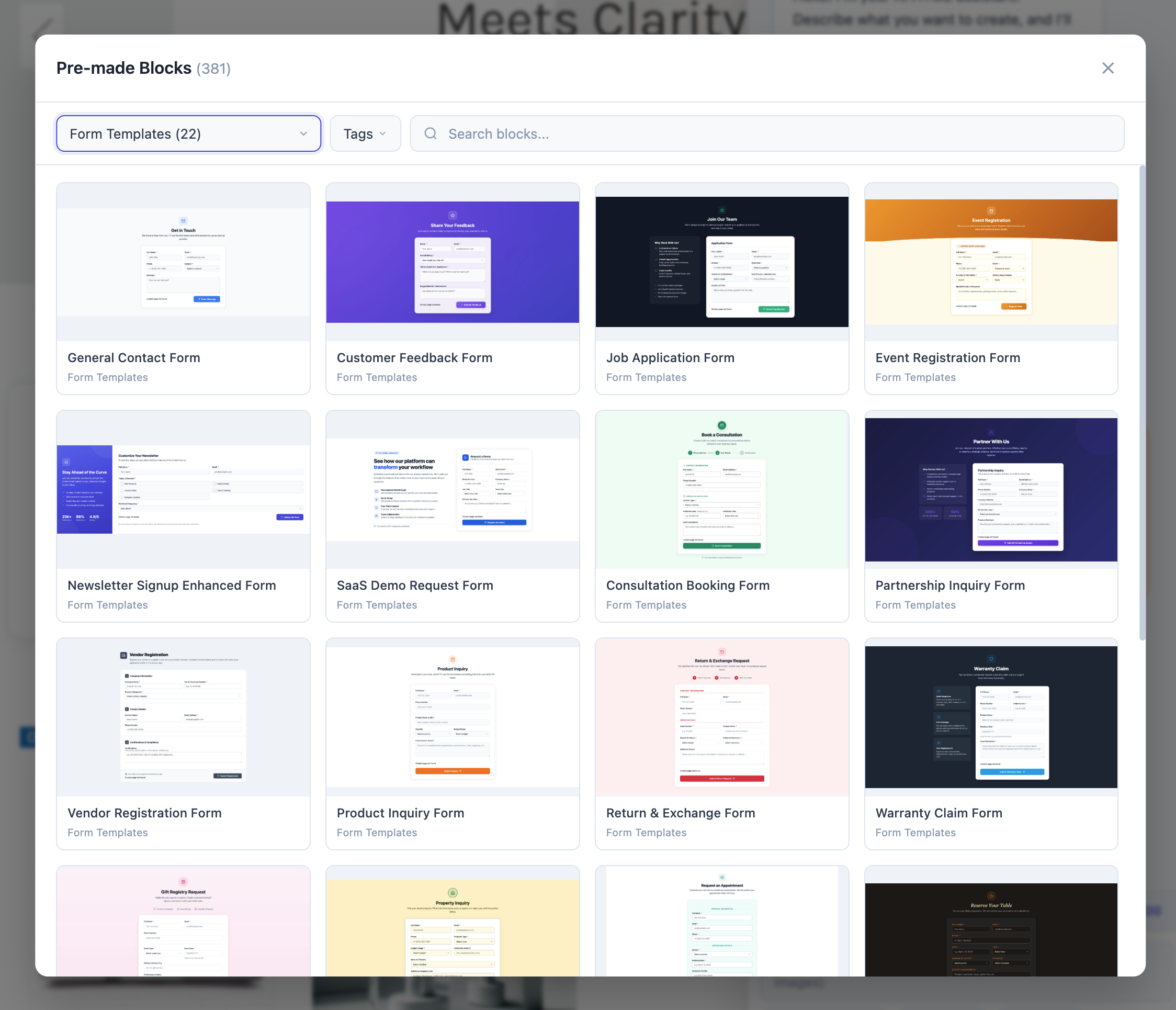 Form templates — contact, quote request, survey, wizard, and more