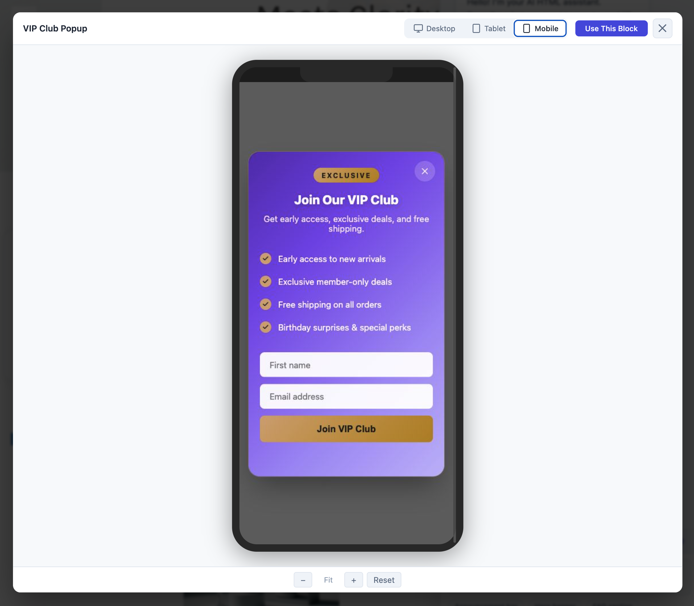 Newsletter popup with AI-generated image — created entirely within the widget editor