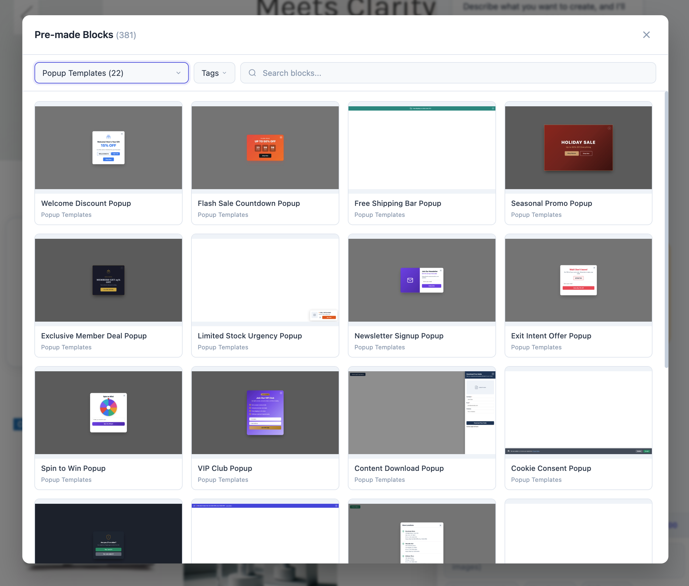 22+ popup templates — exit-intent, spin-to-win, flash sale, cookie consent, and more