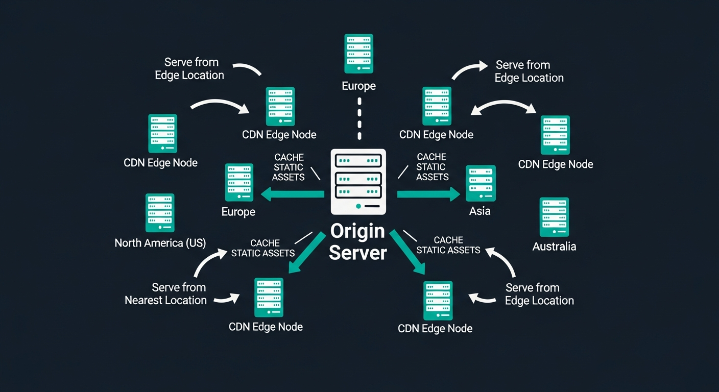 Diagram showing how CDN and caching work to speed up BigCommerce store delivery worldwide