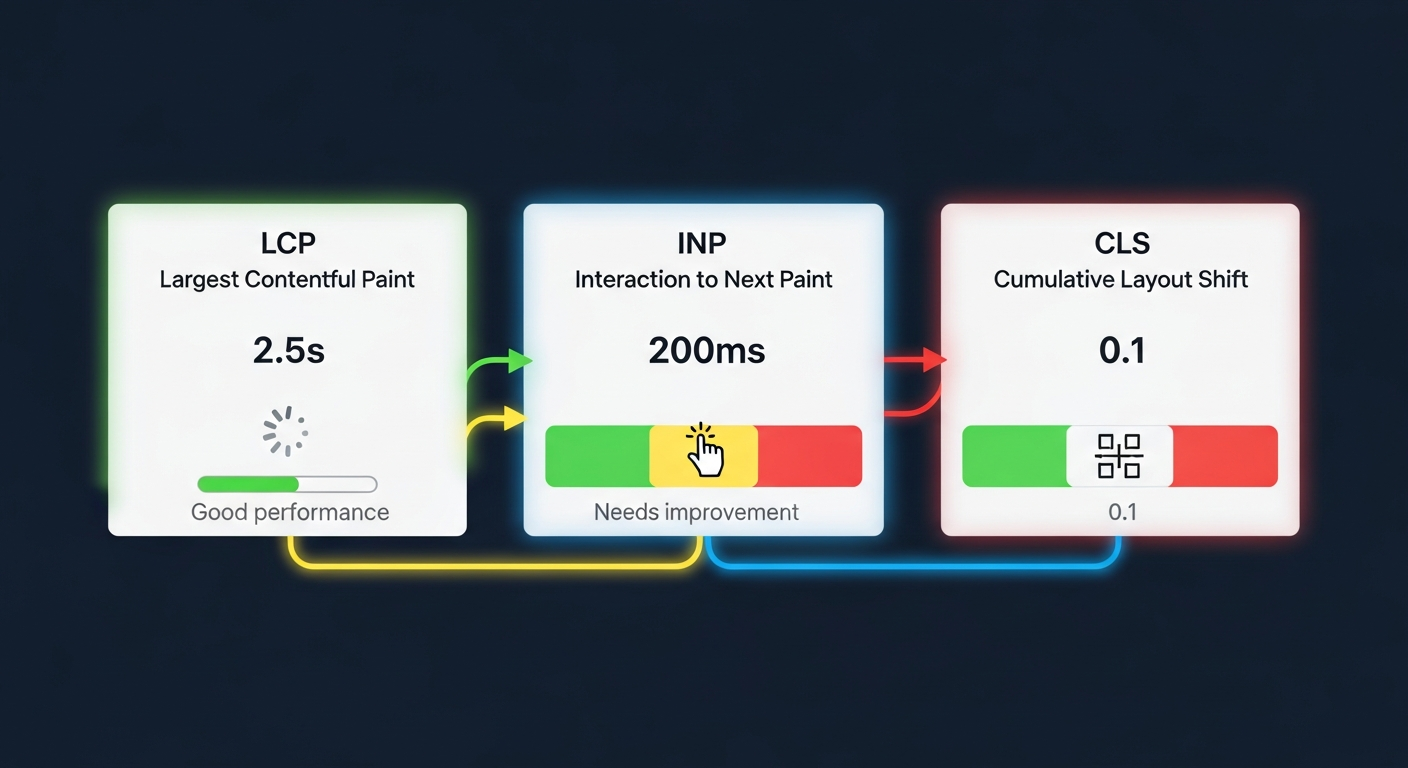 Google Core Web Vitals metrics explained with LCP, INP, and CLS visualization