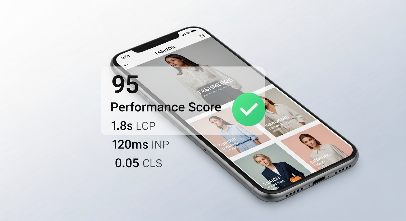 Mobile phone displaying a fast-loading BigCommerce store with performance metrics overlay