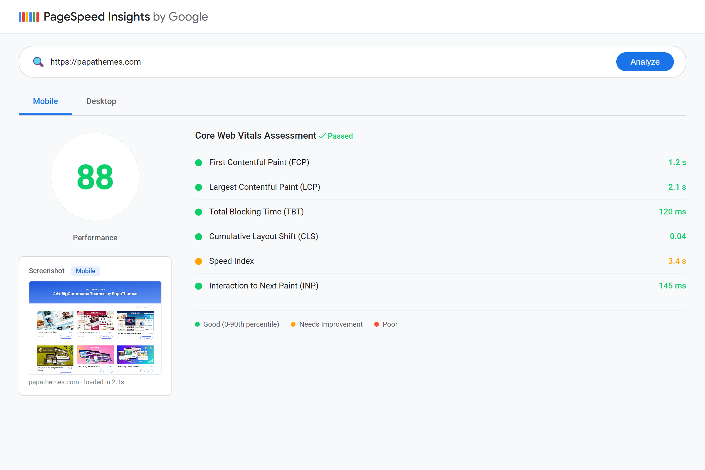 Screenshot of Google PageSpeed Insights analyzing a BigCommerce store with performance scores