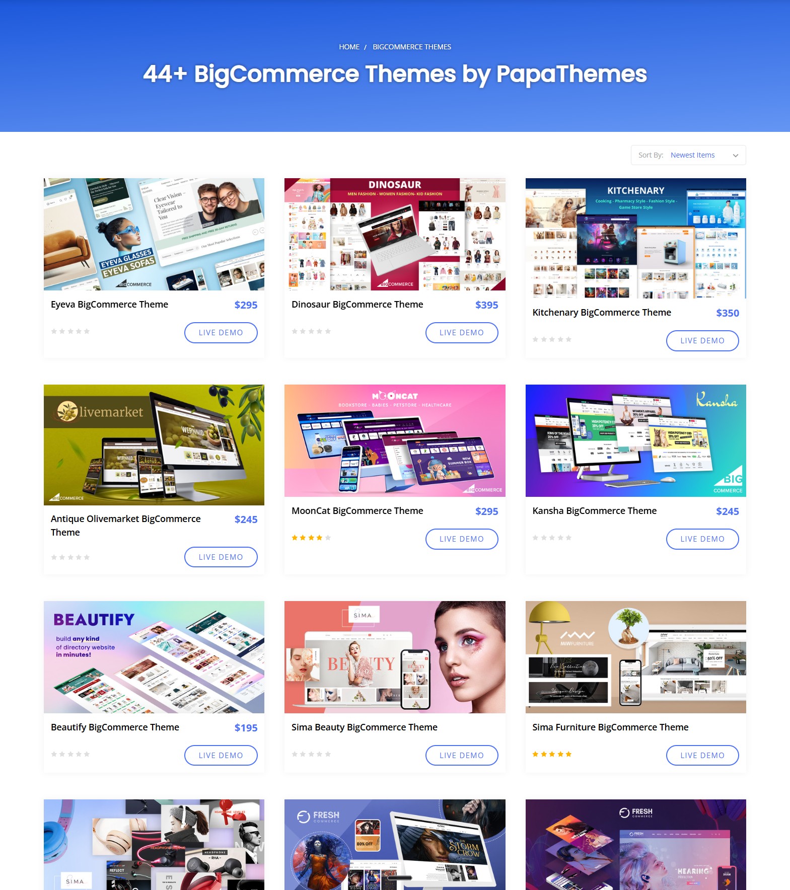 PapaThemes BigCommerce theme catalog showing performance-optimized themes