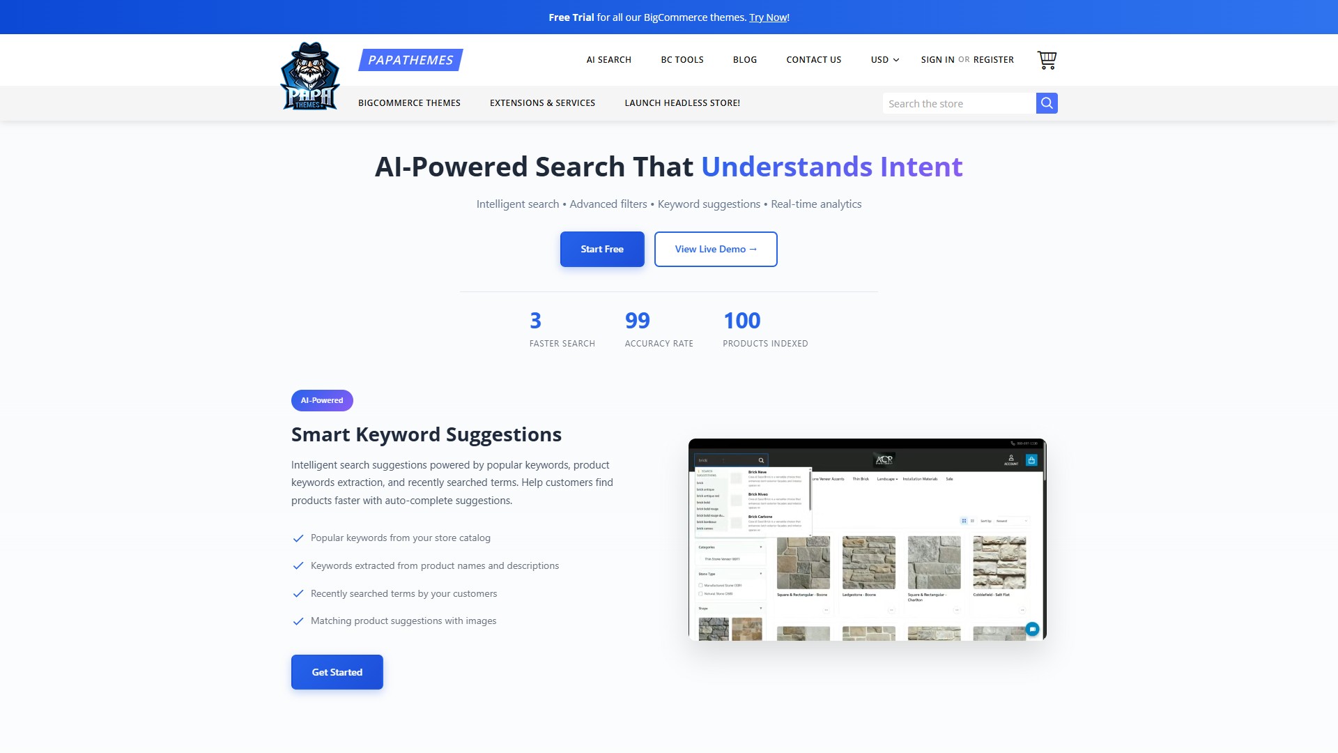 PapaSearch AI-powered semantic search showing instant results on a BigCommerce store