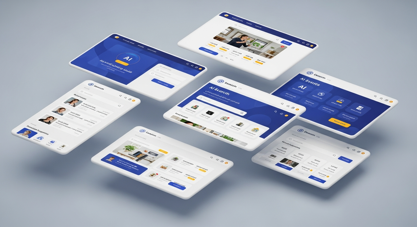 AI-powered bilingual search screens floating in 3D arrangement