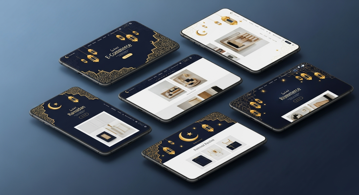 Ramadan ecommerce floating screens showing online stores with Ramadan themes