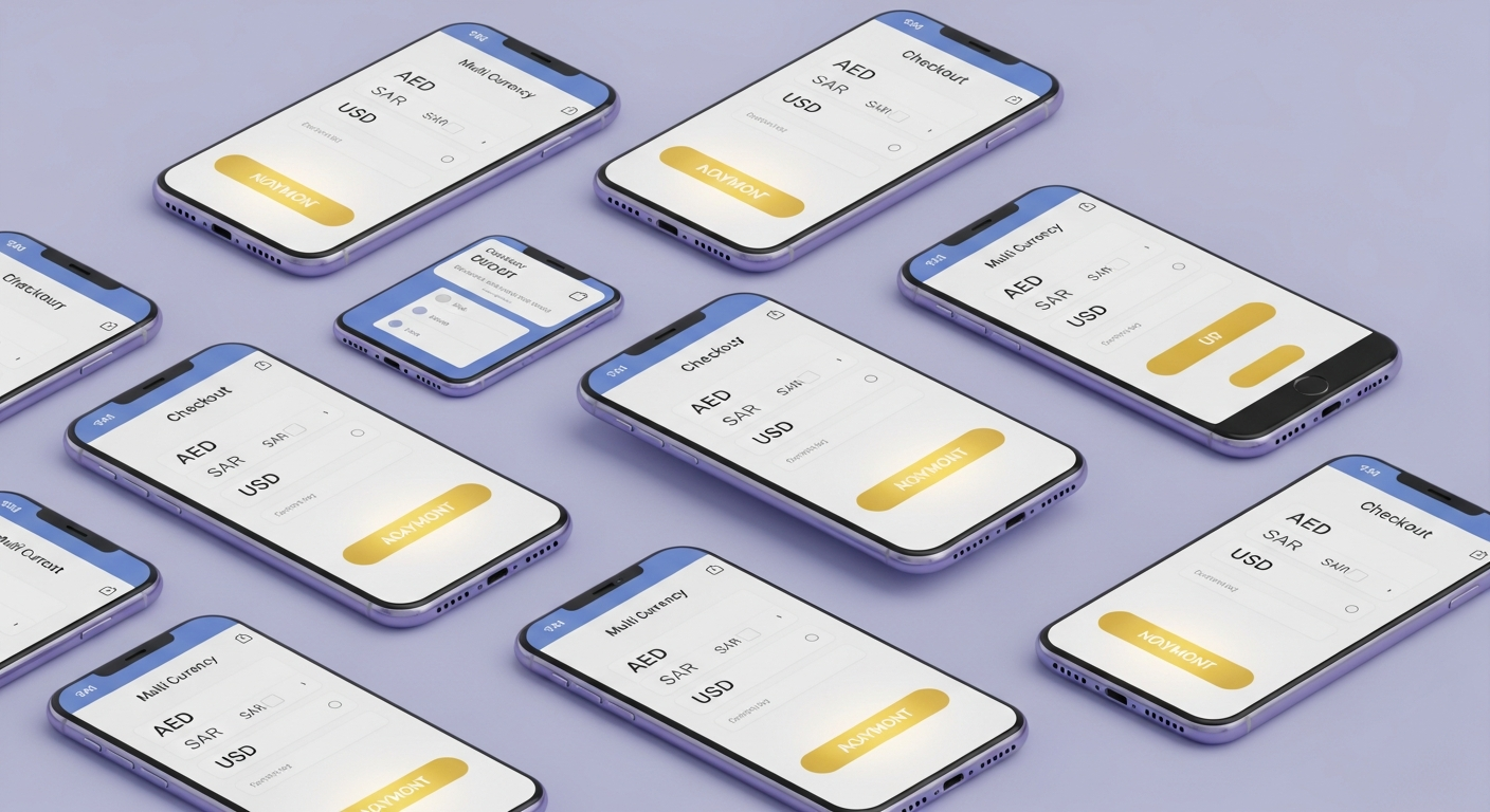 Multi-currency checkout on floating mobile devices showing AED SAR USD