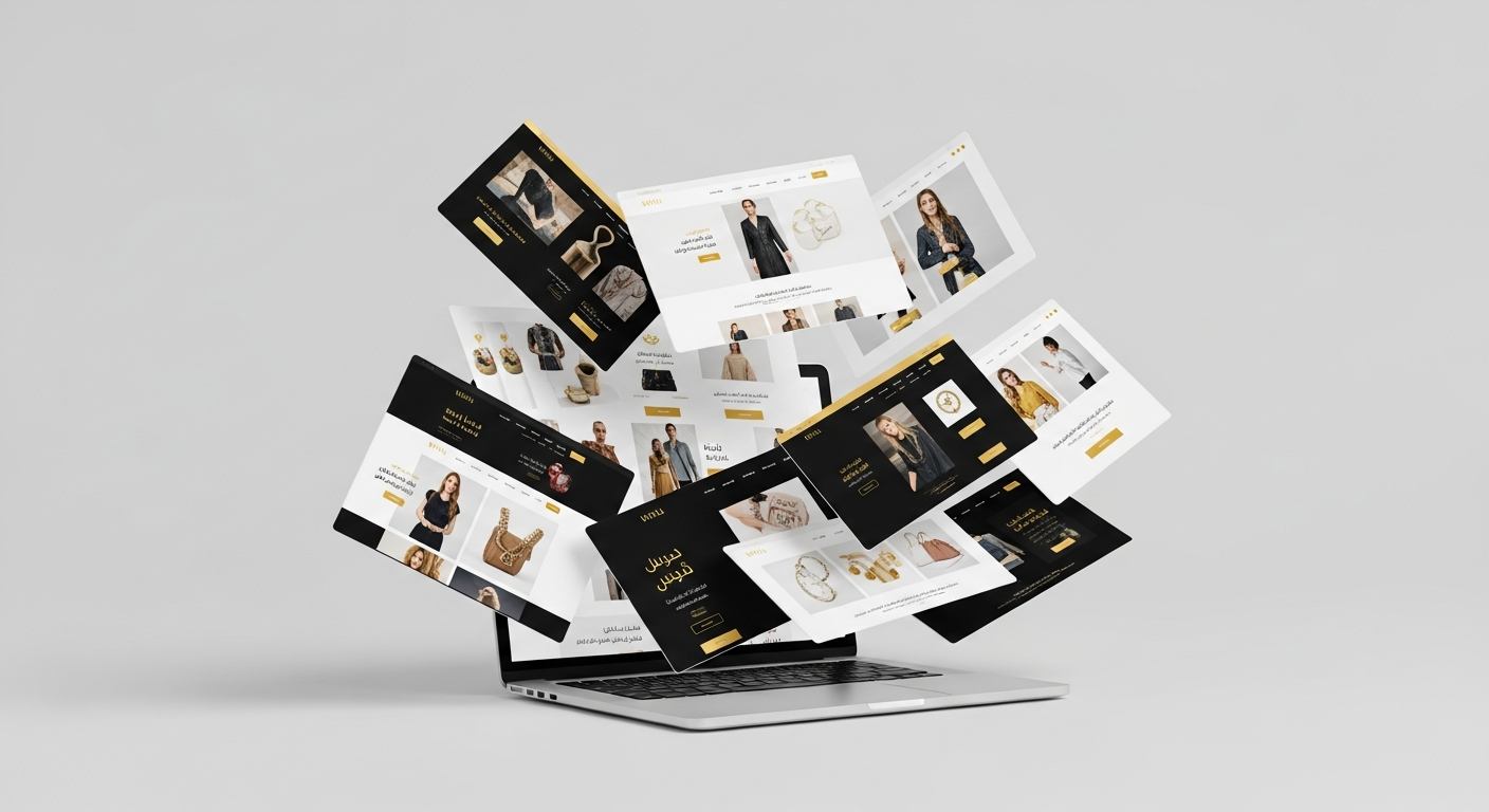 BigCommerce themes with RTL Arabic layout floating in 3D mockup