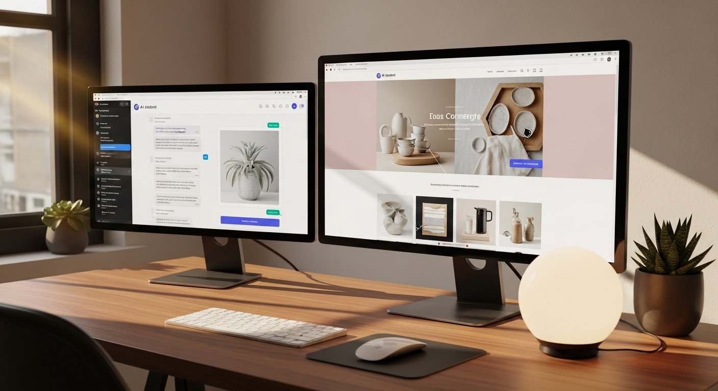 Dual-monitor workspace showing AI customization of an ecommerce store