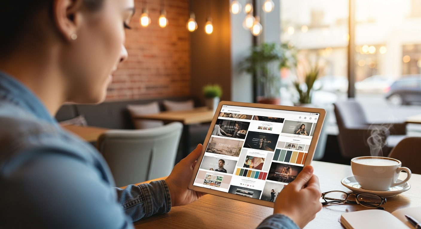 Person browsing design inspiration on a tablet, creative workspace atmosphere
