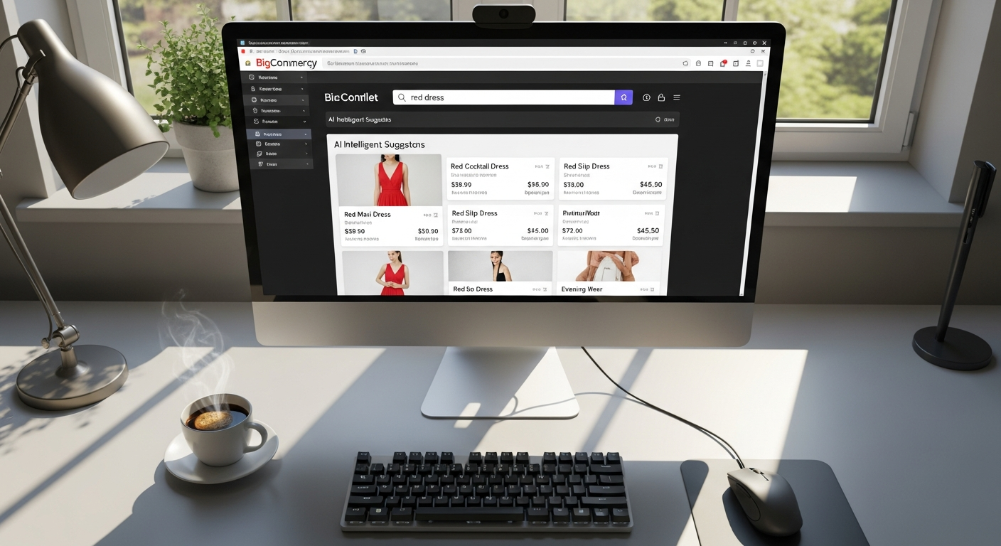 Desktop showing smart search autocomplete with product thumbnails and intelligent suggestions