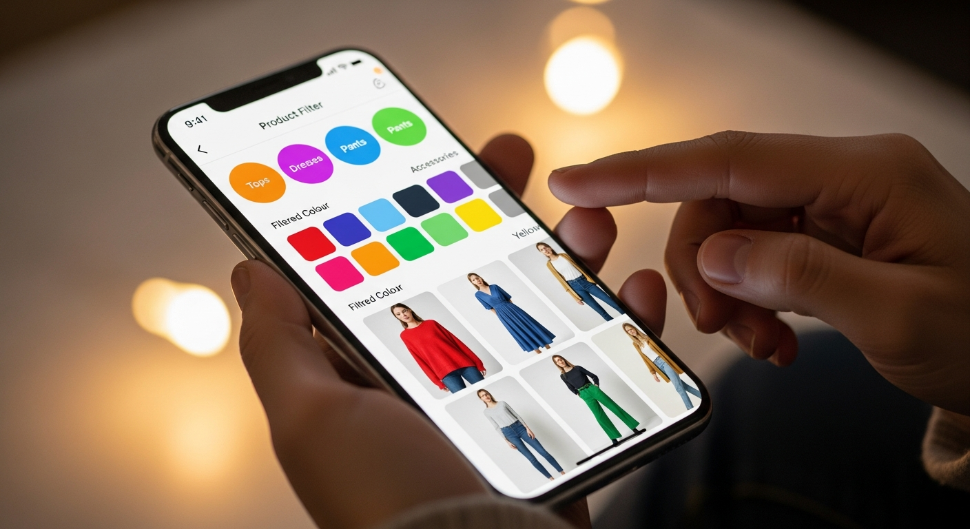 Mobile phone showing advanced product filters with visual category options
