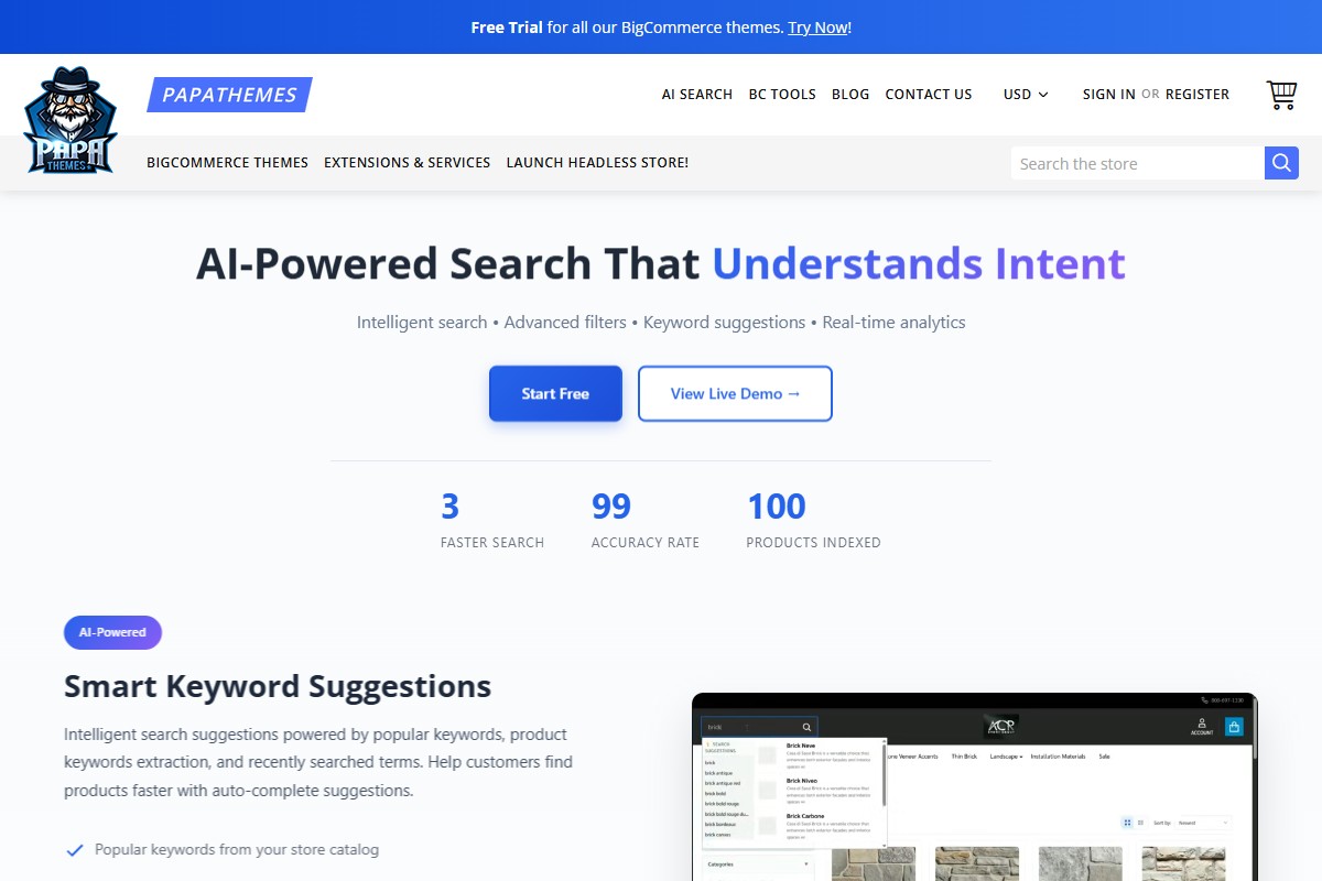 PapaSearch product page showing features and capabilities