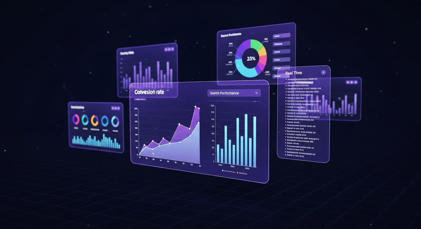 Analytics dashboard showing search conversion improvements and performance metrics