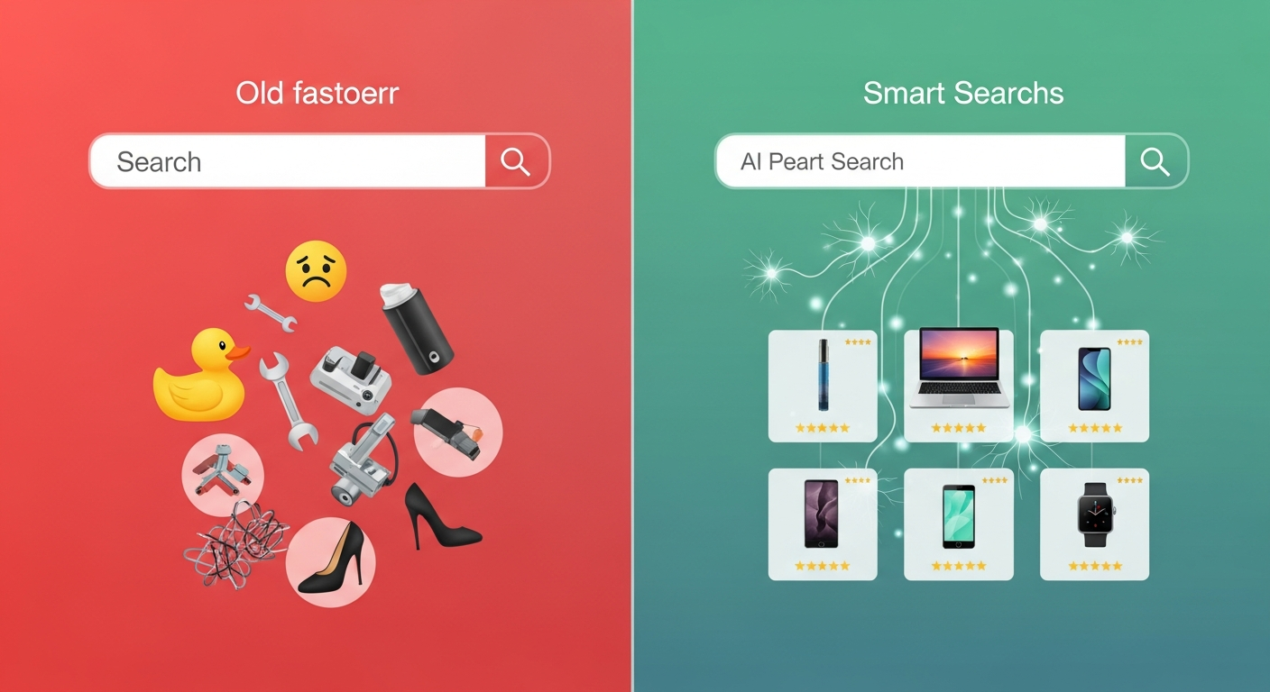 Before and after comparison showing failed search versus AI-powered search results