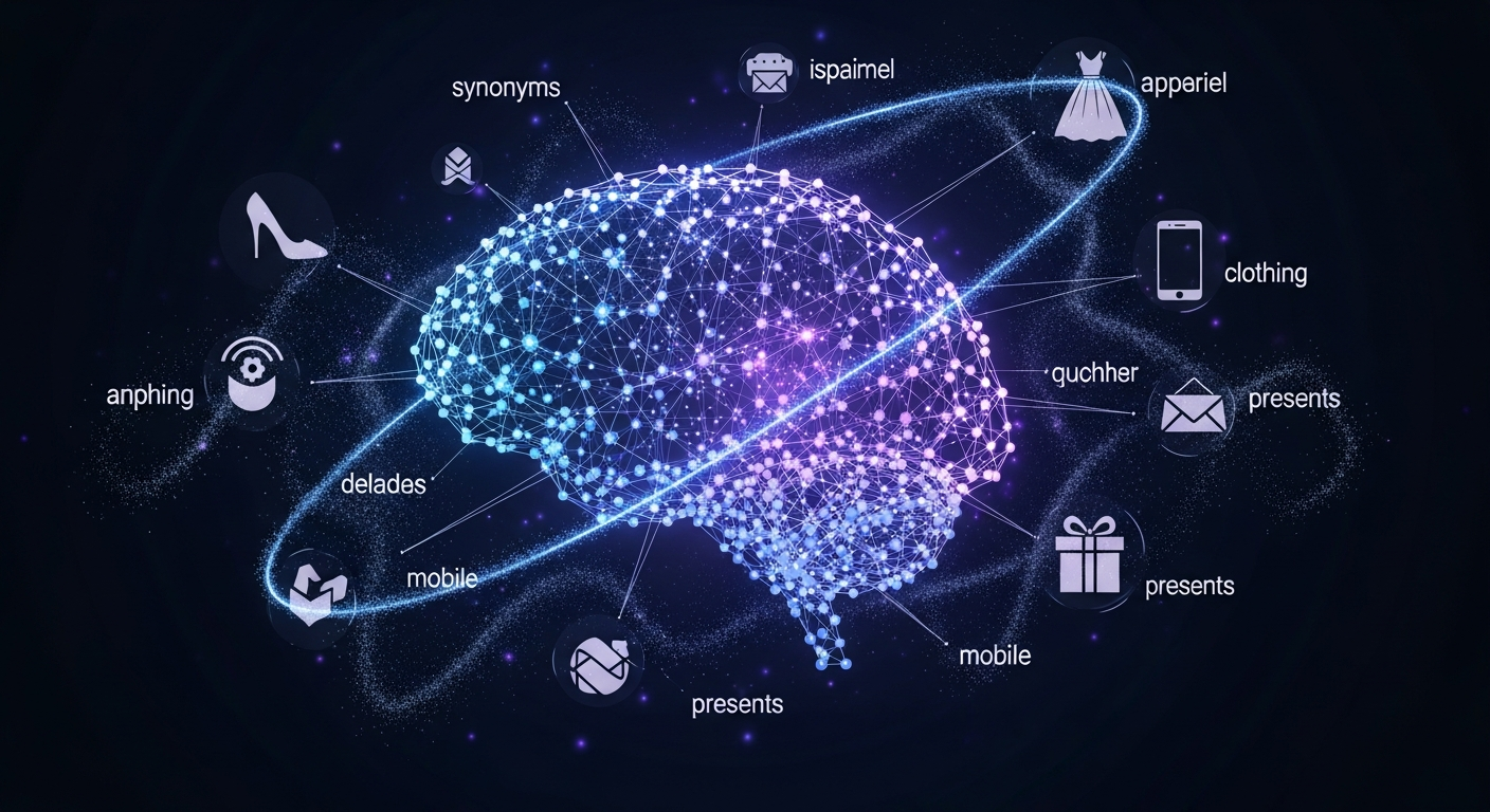 Visualization of AI semantic search connecting shopping intent to relevant products through neural networks
