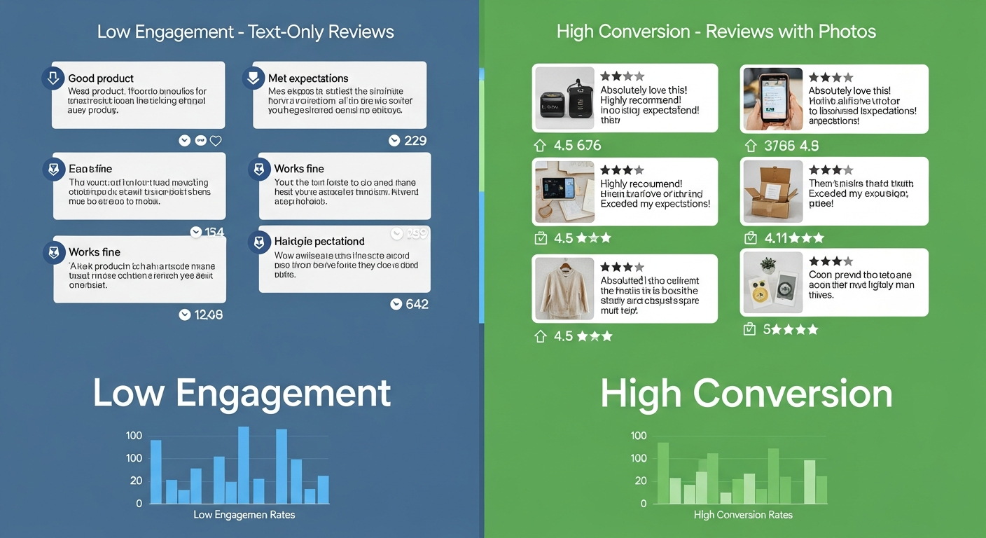 Before and after comparison showing text-only reviews versus photo reviews with higher engagement