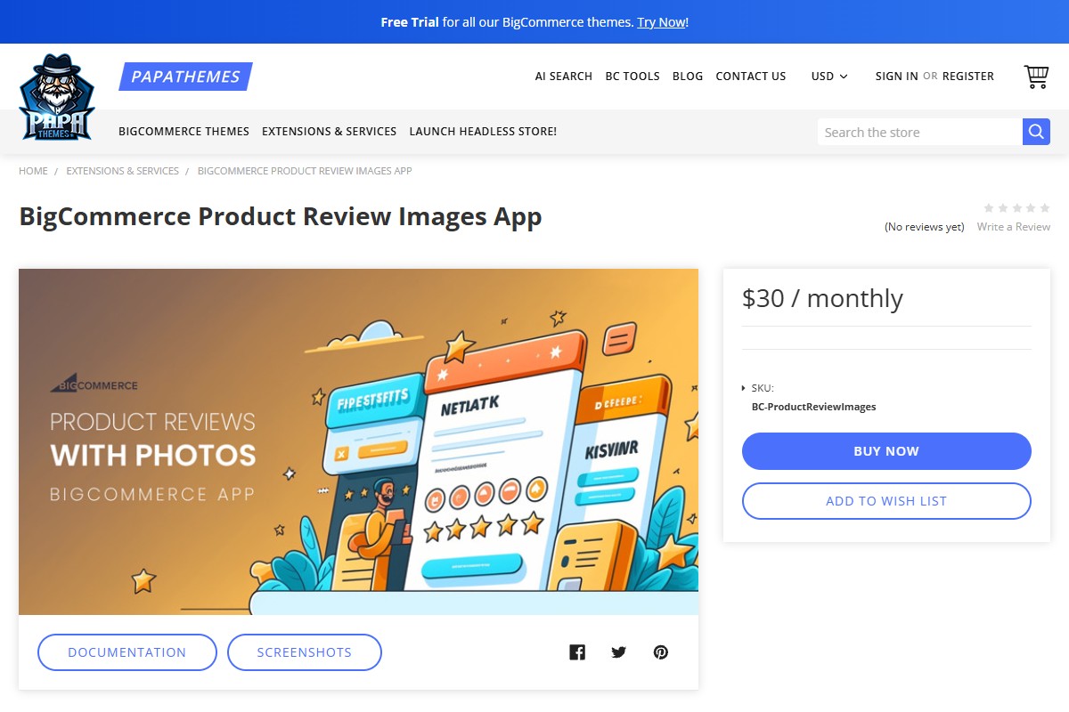 Product Review Images app page on PapaThemes showing features and pricing
