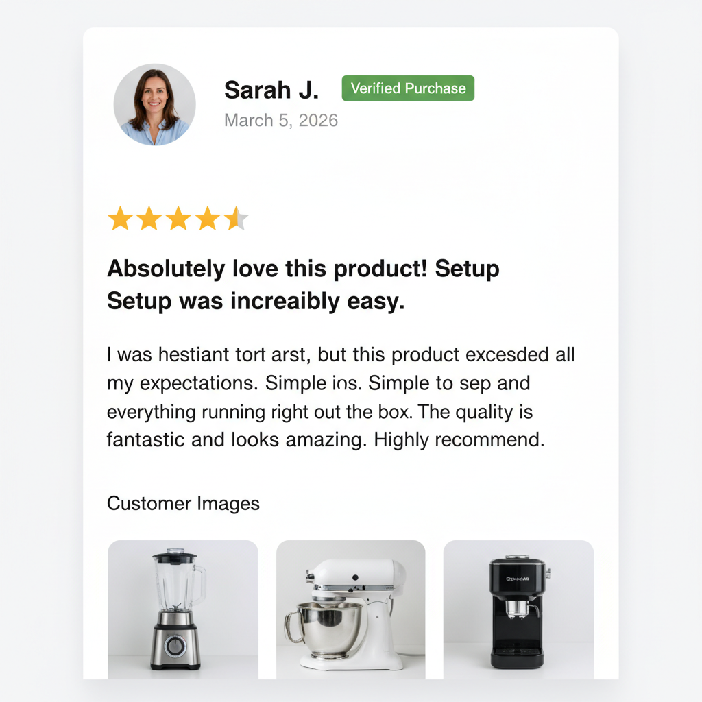 Customer review card showing Sarah J with Verified Purchase badge, 5-star rating, detailed criteria scores, and customer product photos
