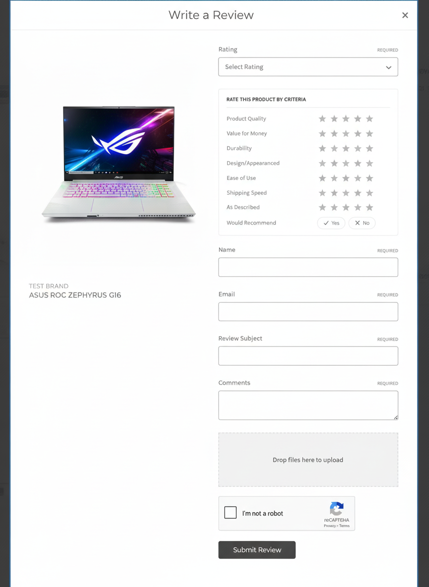 Write a Review form with star ratings for Product Quality, Value for Money, Durability, Design, Ease of Use, plus photo upload area and Submit button