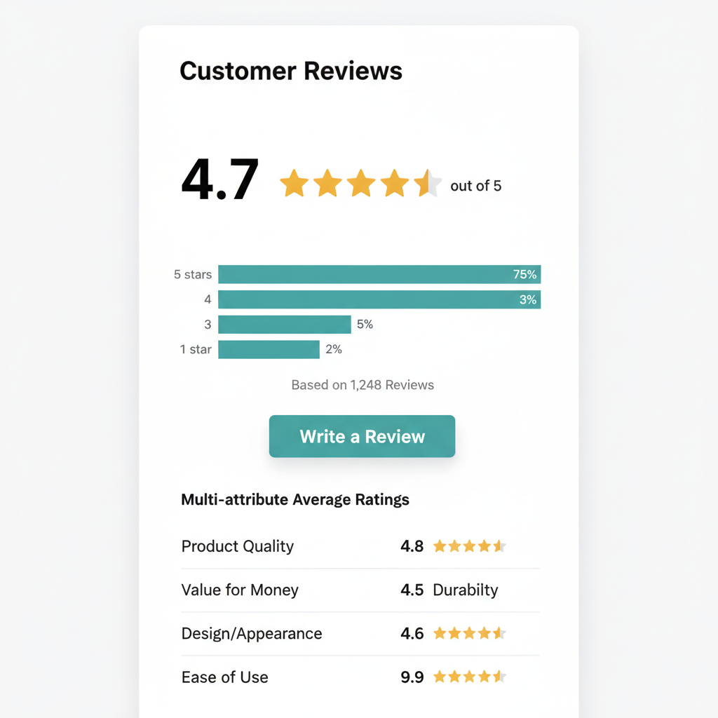Review summary widget showing 4.7 overall rating with multi-attribute ratings for Product Quality, Value for Money, Durability, and more
