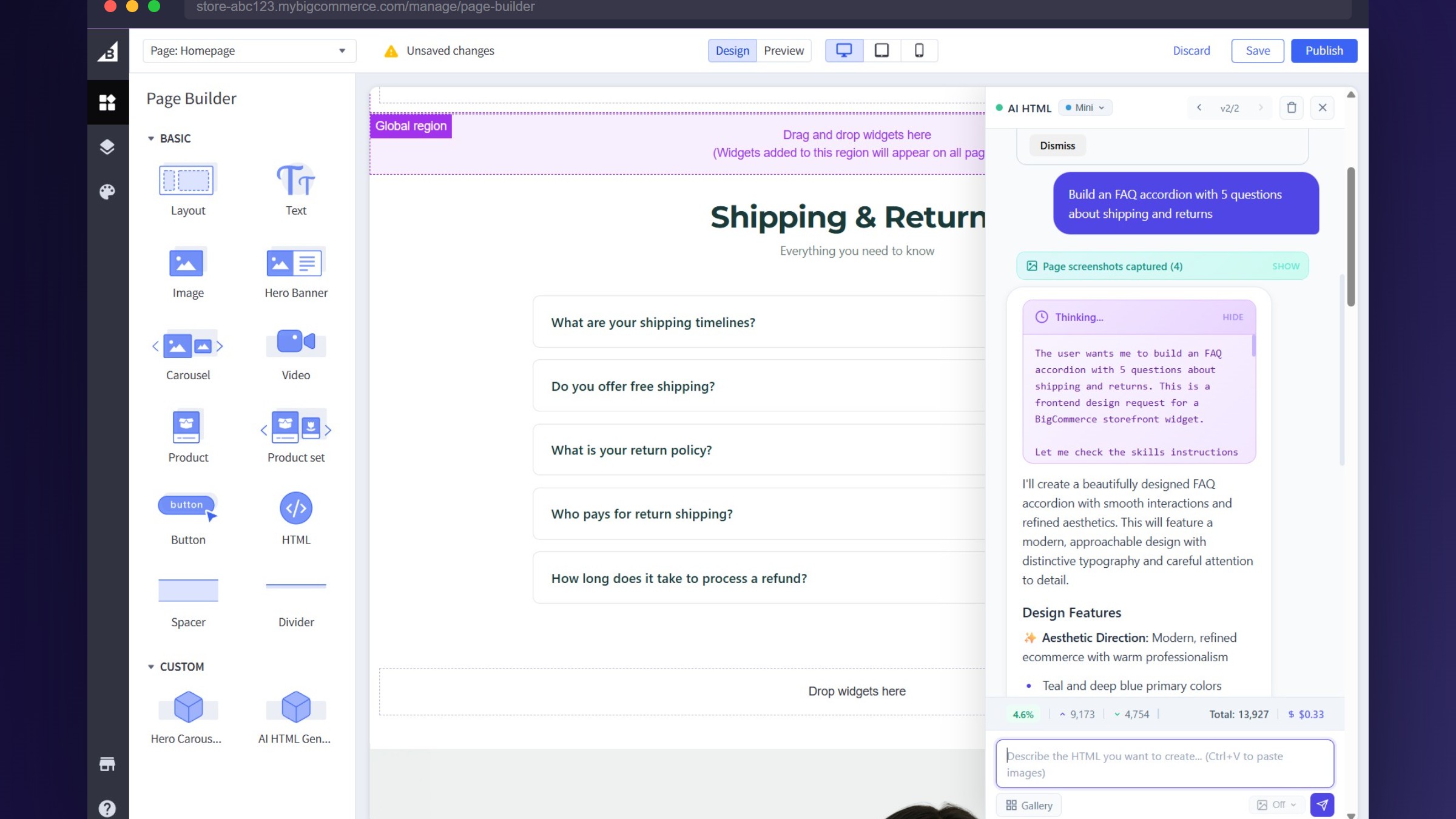 AI generating FAQ accordion section in real-time inside Page Builder