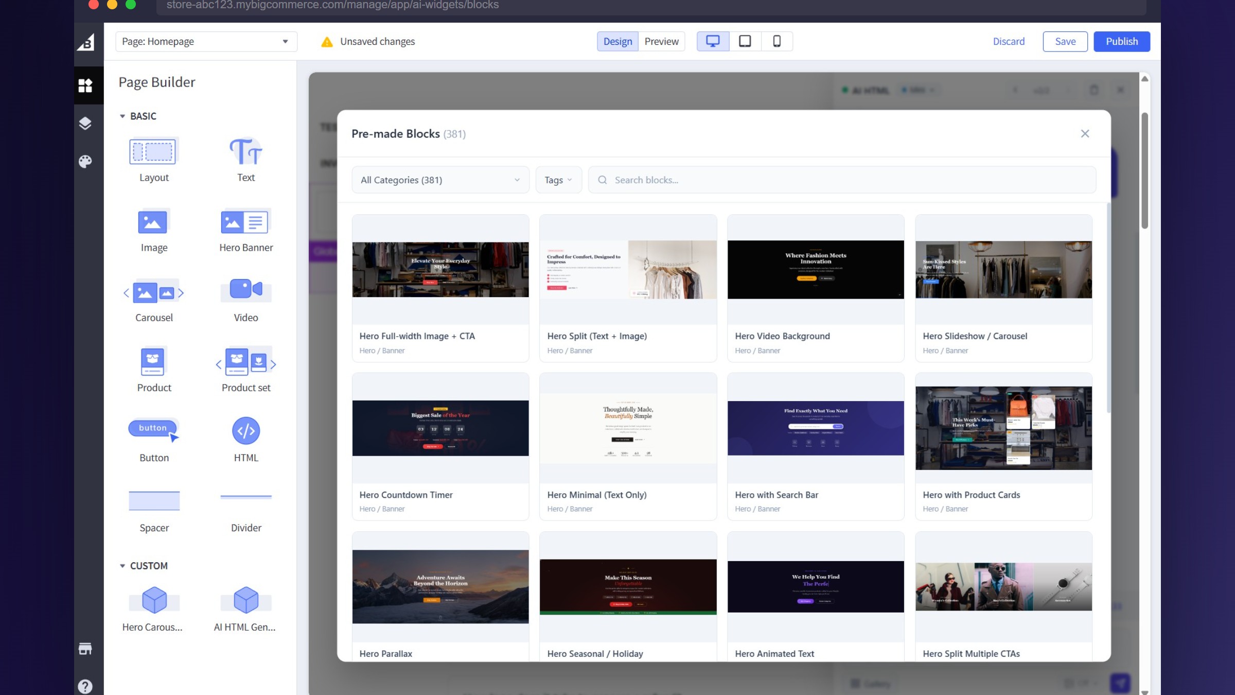 Pre-made Blocks gallery showing 381 templates ready to use